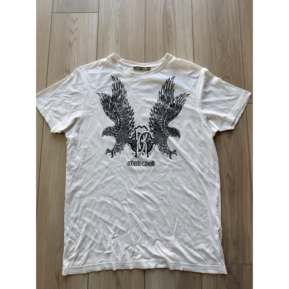 Roberto Cavalli Graphic T-Shirt Mens XL White Eagle Monogram Logo Print Tee